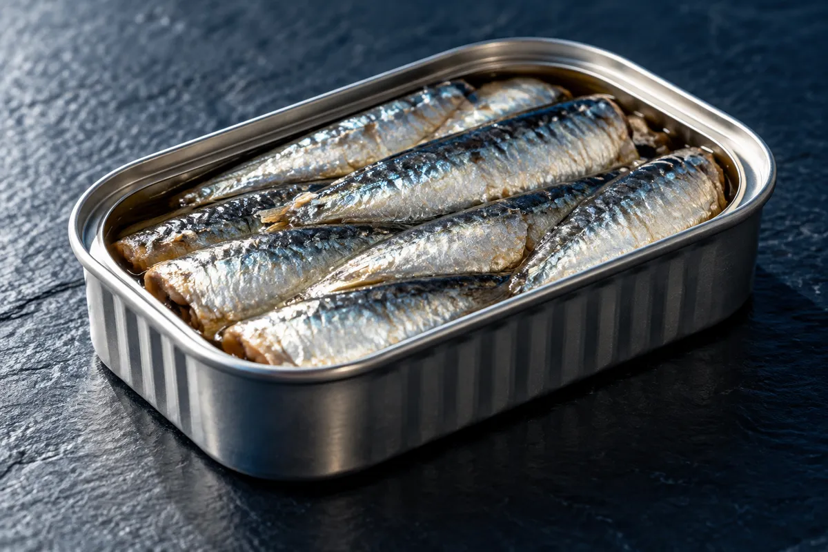 Illustrative open sardine tin on a navy slate surface
