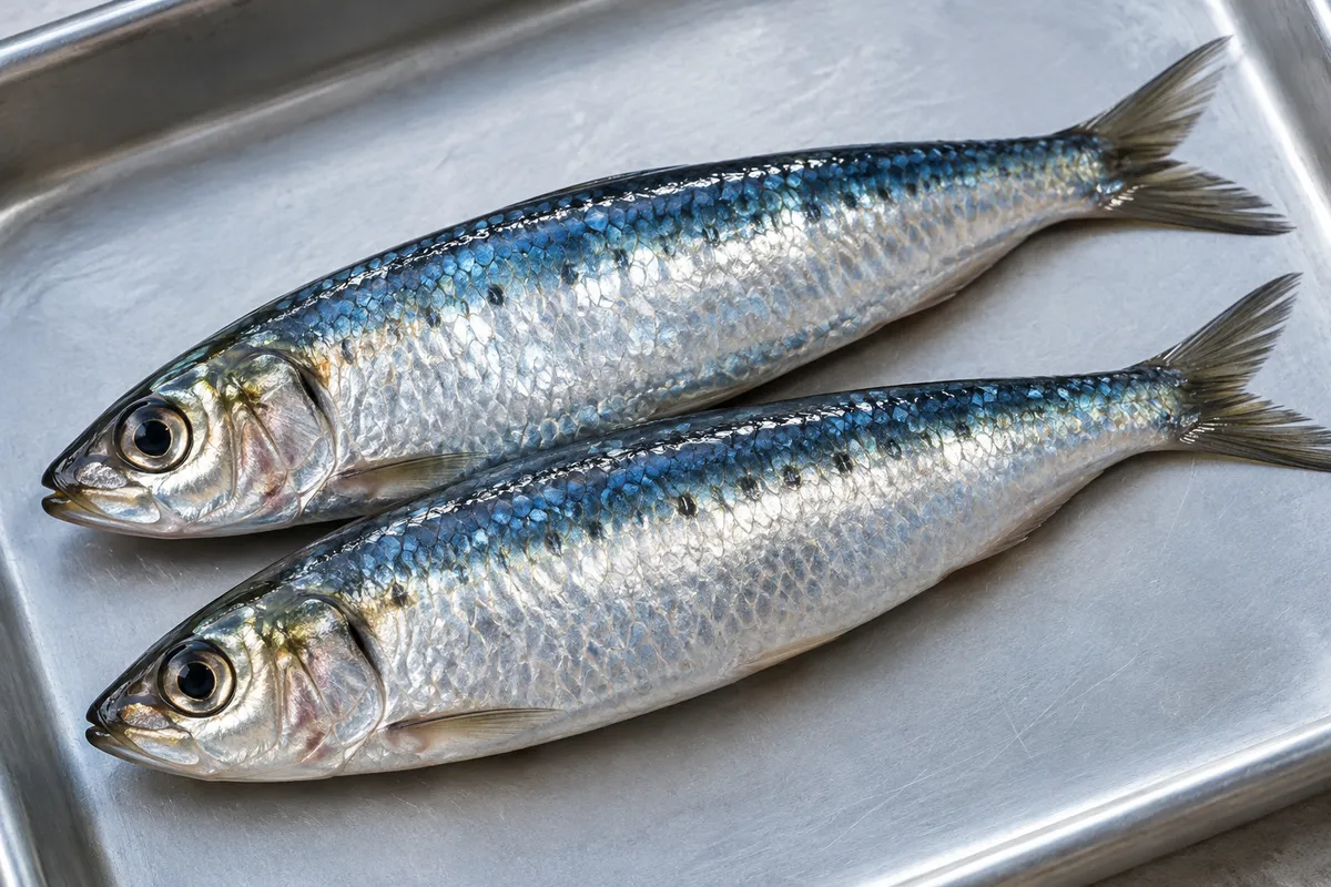 Illustrative close-up of fresh silver sardines on a metal tray