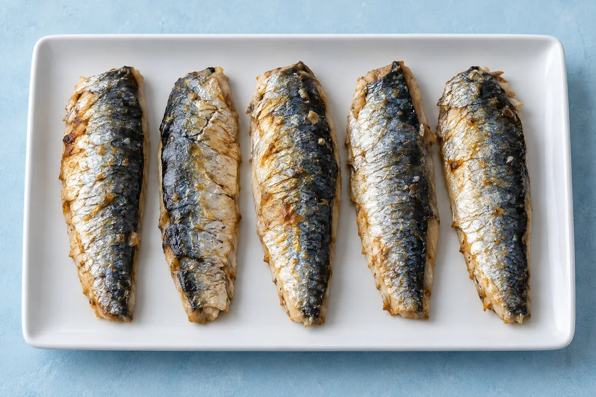 Illustrative cooked sardine fillets on a white rectangular platter