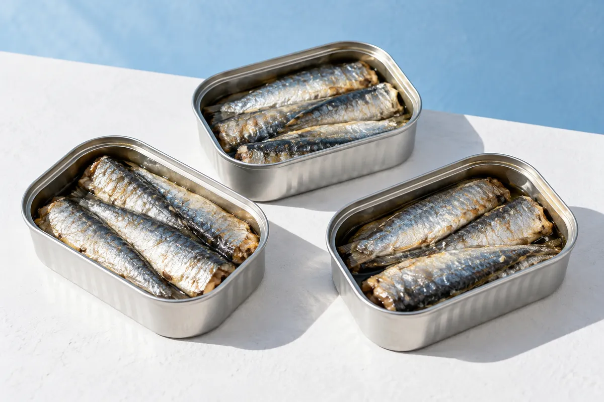 Illustrative three open plain sardine tins on a white table