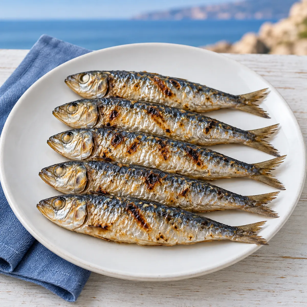 Illustrative sardines on a plain plate
