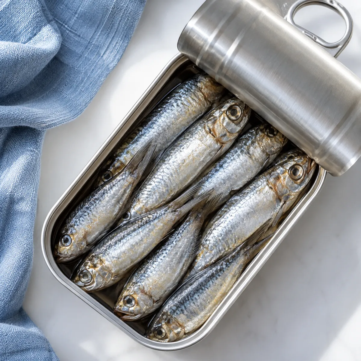 Illustrative sardines in an open silver tin